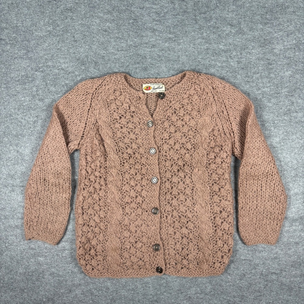 Vintage 60s Hand Knit Italy Wool Mohair Cardigan Sweater Mauve Large Made Italy